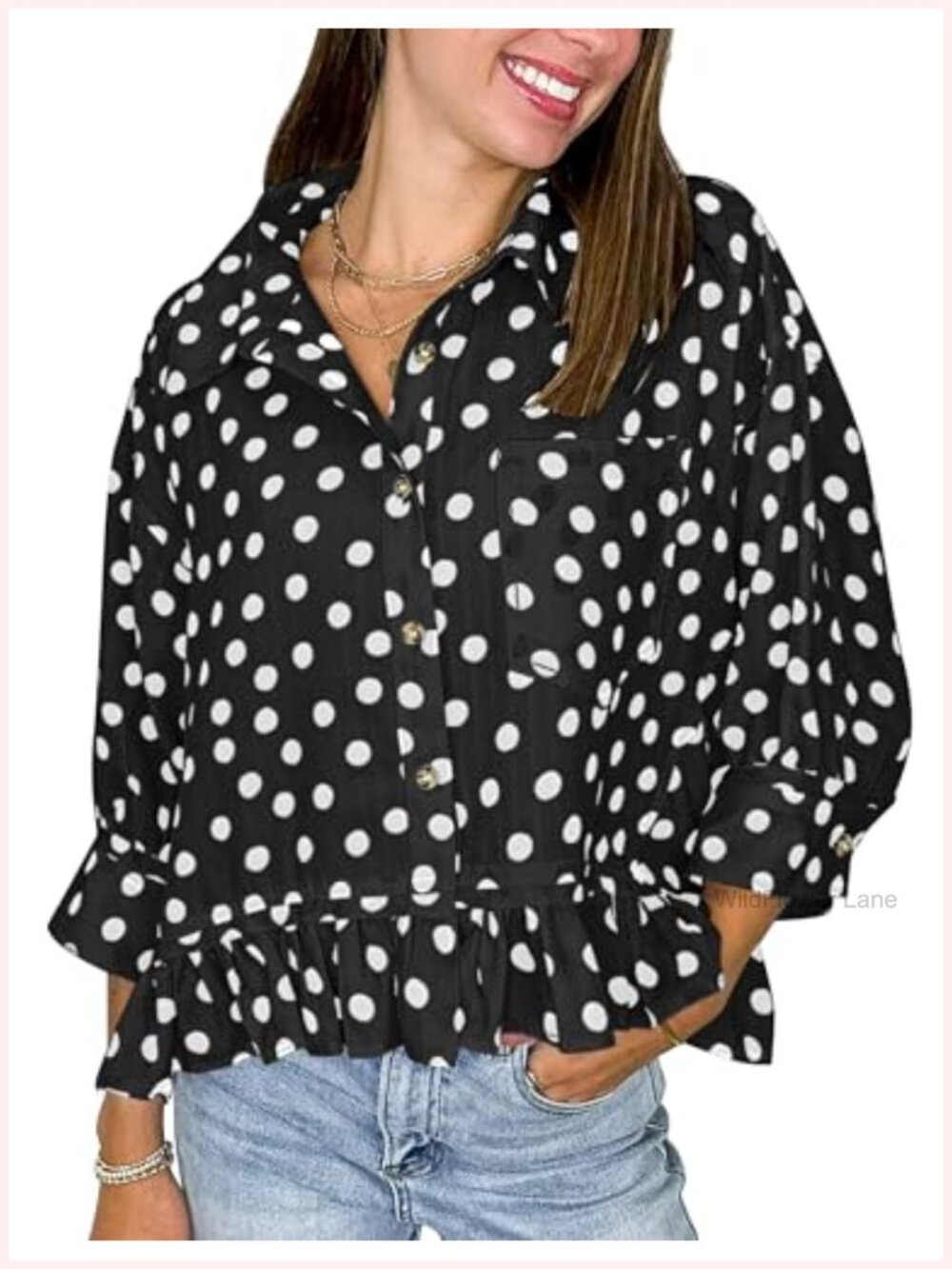 Womens 3/4 Sleeve Button Down Blouse Ruffle Hem Cotton Blend Shirt